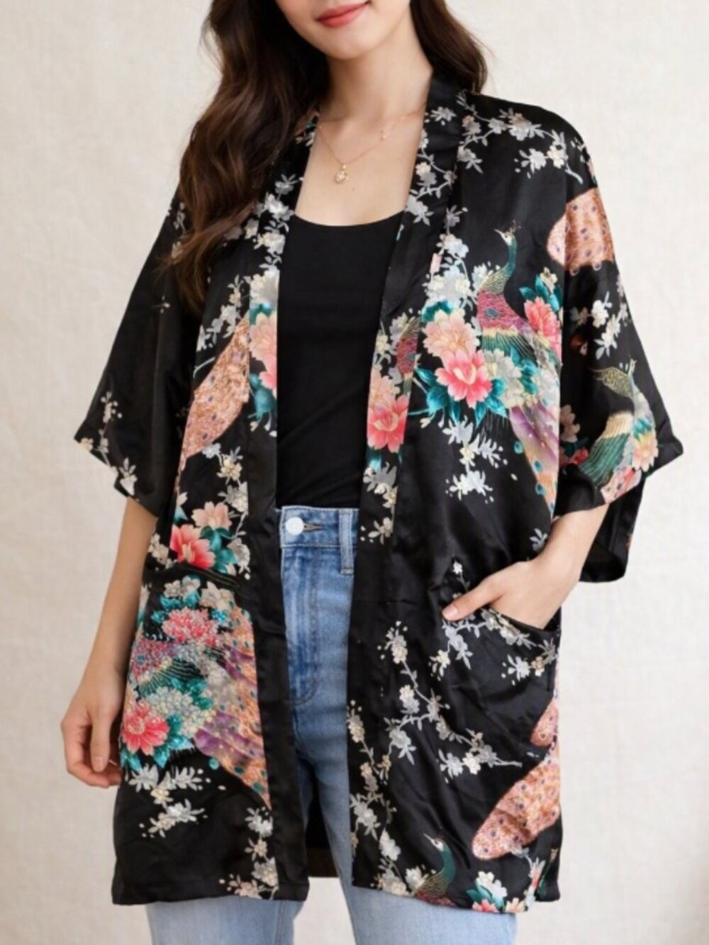 Vintage Peacock Print Floral Silky Satin Kimono Robe XL Boho Chic Maximalist